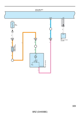 Interior Light

                               (BAT)                      (IG)


                                               7. 5A                    10A             ∗ 2 : w/ Smart Entry  Start System
                                               ECU–B                    ECU IG1         ∗ 4 : w/ Tire Pressure Warning System
                                                                                        ∗ 5 : w/o Tire Pressure Warning System

                                2                         2


                                     1
                                     (∗2 ∗4)           20 3D
                               L–R




                             19 3C

                                                              (∗2 ∗4)
                                                         Y




                             19 3D
                                     (∗2 ∗4)
                               R–Y




                            39 HD1                     37 HD1
                                     (∗2 ∗4)




                                                              (∗2 ∗4)
                               Y–R




                                                         W




                               7 B                      1 B
                                 +B                        IG




                                                          GND
  H26(A)                                                 1 A (∗5)
  Door Control Receiver                                 12 B (∗4)
  H28(B)
  Tire Pressure Warning ECU and Receiver
  (Door Control and Tire Pressure
   Monitoring System Receiver Assembly)
                                                              (∗2)
                                                         B
                                                              (∗2)
                                                         B




                                                          H3




190

                                                                        BRZ (G4400BE)
 