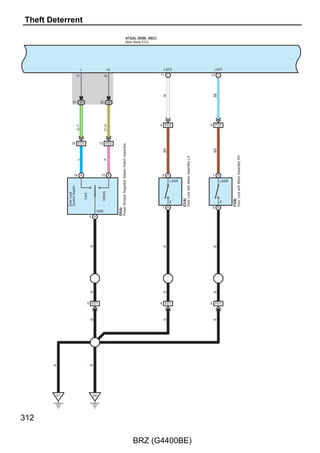 A73(A), D5(B), D6(C)
                                         Main Body ECU




       ACC(∗2)        BMPX    BECU                        KSWB     GND   GND                         GND
       22 B           32       1                           2      11     1 C                         4 A




                                                                                                     B–Y
                                                                         B
                     19 3C   27 3A                        7 3C   18 3B

                              G–R
                      L–R
              (∗2)
        W




                                                          G
                                     Junction Connector




                                                                                Junction Connector




                                                                                                            Junction Connector
                                     D16(A), D17(B)


                             21 A                                        4 A




                                                                                D8(A), D9(B)
                                                                                                     9 A




                                                                                                            A9(A)
                                                                  B–Y
                             12 B                                        6 B                         7 A
W
(∗2)
                              G–R




L–R


G–R


 G

                                                                         B–Y




                                                                                                     B–Y
                                                                  B–Y




                                                                    D3     D1                          A3




                                                                                                                                 193

                                                BRZ (G4400BE)
 