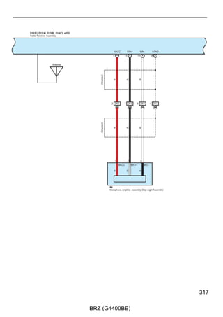 Front Fog Light
        : Parts Location
   Code                     See Page               Code                 See Page                Code                  See Page
 A4     A        39                              D5     B     40                              D16    A      40
 A9     A        42                              D6     C     40                              D17    B      40
 A41    A        39                                 D7        40                                 D43        41
 A73    A        42                              D8     A     40                              D50    A      41
 A75    A        36, 39                          D9     B     40


        : Relay Blocks
 Code            See Page      Relay Blocks (Relay Block Location)
  1         24                 Engine Room R/B (Engine Compartment Right)


        : Junction Block and Wire Harness Connector
 Code            See Page      Junction Block and Wire Harness (Connector Location)
  1B
            24                 Engine Room Main Wire and Engine Room J/B (Engine Compartment Right)
  1C
  3A
            26                 Instrument Panel Wire and Instrument Panel J/B Assembly (Instrument Panel Reinforcement)
  3B
  3C
            26                 Engine Room Main Wire and Instrument Panel J/B Assembly (Instrument Panel Reinforcement)
  3E


        : Connector Joining Wire Harness and Wire Harness
 Code            See Page      Joining Wire Harness and Wire Harness (Connector Location)
 AD2        47                 Engine Room Main Wire and Instrument Panel Wire (Instrument Panel Reinforcement)


        : Ground Points
 Code            See Page      Ground Points Location
  A3        47                 Cowl Side Panel LH
  A7        46                 Front Fender Apron RH
  D1        47                 Cowl Side Panel LH
  D3        47                 Instrument Panel Brace RH
  D4        47                 Cowl Side Panel RH




198

                                                       BRZ (G4400BE)
 