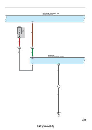 Automatic Light Control and Light Auto Turn Off System

      A73(A), D5(B), D6(C)
      Main Body ECU




                                                                        HF                      TAIL                     HEAD2 HEAD1         A
                                                                    18                         25 B                12 A        2 B     23 B




                                                                                                                                                 (∗6)
                                                                                                                                        SB
                                                                                                                               W
                                                                                                                         G
                                                                  15 3B
                                                                                                                26 AD1




                                                                                                BE
                                                                    LG




                                                                                                                         W
                                                                                                                      1 A      2 A




                                                                                                        D16(A), D17(B)
                                                                                                        Connector
                                                                                                        Junction
                                                                                                                              10 B




                                                                                                                               W
                                                                  17 A                                       18 A             20 A     19 A
                                                                   HF                                             T            H        A



                                EL          (HL)         HU             HF                                            T            H    AUTO              EL

                      Flash                                                                      Off
                                                                              Control Switch
            Dimmer
            Switch




                      Low                                                                        Tail
                                                                              Light




                      High                                                                      Head

                                                                                                AUTO




                                                                                                                                                        EL
                                          D50(A)                                                                                                        12 A
                                          Headlight Dimmer Switch Assembly
                                                                                                                                                         B




                              ∗ 6 : w/ Automatic Light Control System
                                                                                                                                                         B




                                                                                                                                                          D4




202

                                                                        BRZ (G4400BE)
 