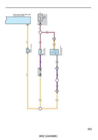 Automatic Light Control and Light Auto Turn Off System

      A73(A), D5(B), D6(C)
      Main Body ECU




                                                                                         ACC(∗2)
                                                                           KSWB          KSW(∗3)                                 ACC
                                                                             2           22 B                                    9
                             (BAT)                                                                                                      (ACC)

                                                     7 3C                10 3D
                                     15A                                                                                                        10A
                                     HAZ                                                                                                        ECU ACC


                             2                                                                                                           2




                                                                            R–W
                                                                                  (∗3)




                                                                                               (∗3)




                                                                                                                  (∗2)
                                                                                          BR




                                                                                                          W
                                                       G




                                 1
                                                                                                                                       28 3B
                             G




                                                                                           2




                                                                                                       Lock Cylinder Assembly)
                                                                                               UN–
                                                                                                      Un–Lock Warning
                                                                                                      Switch Assembly
                                                                                                      (Ignition Switch
                                                                                                      D53




                                                                                               UN+
                                                                                           1




                                      ∗   2   : w/ Smart Entry  Start System
                                      ∗   3   : w/o Smart Entry  Start System
                                      ∗   4   : w/ Tire Pressure Warning System
                                      ∗   5   : w/o Tire Pressure Warning System




204

                                                                          BRZ (G4400BE)
 