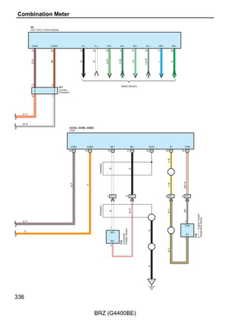 A73(A), D5(B), D6(C)
Main Body ECU                                                                                               (IG)                     (BAT)


                                                                                                                       7. 5A                      7. 5A
                                                                                                                       GAUGE                      MPX–B


      CANL             CANH
                                                                                                            2                        2
     13 B          14 B
                                                                                                           2 3A                           1




                                                                                                           W–G




                                                                                                                                    L–R
      LG




                       P



                              Junction Connector




                                                                                                                                    L–R
      14               3
                              D43




      13               2                                                                                                           19 3C




                                                                                                           W–G
      BR–W




                       BR




                                                                                                                                   17 3B




                                                                                                                                    R–W
                                                                       D7
                                                                       Combination Meter Assembly           2                        1
                                                                                                                 IG+                          B




                                                                                Buzzer
                                                   Power Circuit




                                                                               CPU




                                                                        CAN Driver



                                                                        CANH           CANL               ES2                ES1
                                                                   6             7                  40                 20
                                                                                BR–W




                                                                                                    B–Y




                                                                                                                       B–Y
                                                                   BR




                                                                                                    B–Y




                                                                                                      D3




                                                                                                                                                     217

                                                   BRZ (G4400BE)
 