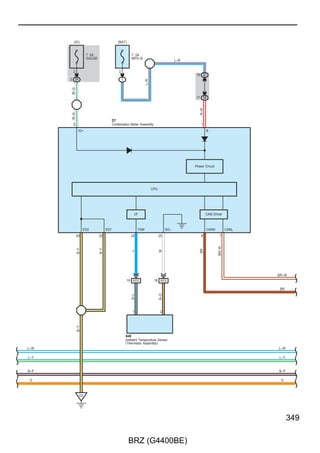 ABS, TRAC and VSC

                                                            A73(A), D5(B), D6(C)
                                                            Main Body ECU




          ACC(∗2)           BMPX                 BECU                        KSWB    CANL    CANH
          22 B             32                     1                           2     13 B    14 B




                         19 3C                 27 3A                         7 3C


                                                 G–R
                            L–R
                 (∗2)




                                                                                     LG
           W




                                                                             G




                                                                                             P
                                                        Junction Connector
                                                        D16(A), D17(B)

                                               21 A




                                               12 B
  W
  (∗2)
                                                 G–R




  L–R


  G–R


      G




                        ∗ 2 : w/ Smart Entry  Start System




  LG

      P




230

                                                                   BRZ (G4400BE)
 