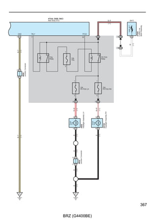 Seat Belt Warning

  BR–W

   BR

  R–B




                                                            2            13
                                                                                 D43
                                                                                 Junction
                                                                                 Connector
                                                            1            12




                                                           W–B
                                                  R–B




                                                                         R–Y
                                               24 HD1    21 AD1        39 AD1
                                                  W–B




                                                           W–B




                                                                         R–Y
           Front Seat Inner Belt Assembly LH




                                                            7            18
                                                                                 Connector




                                                 1 A
                                                                                 Junction
                                               Buckle
                                               Switch




                                                                                 A17
           H19(A)




                                                            6            17

                                                 2 A
                                                                         B–R
                                                           BR
                                                  B




                                                                                                    A5
                                                           26            14                         VSC (VDC) Control Module
                                                           CANH          CANL



                                                            FL+    FL–           FR+          FR–        RL+       RL–          RR+    RR–
                                                           19     32            16            4        31         18           17     29
                                                                                                                  LG–B
                                                                                G–O




                                                                                             G–B




                                                                                                        LG
                                                                  W




                                                                                                                                      G
                                                  B




                                                           B




                                                                                                                               L




                                                                                               Speed Sensors




                                                    H3




248

                                                         BRZ (G4400BE)
 