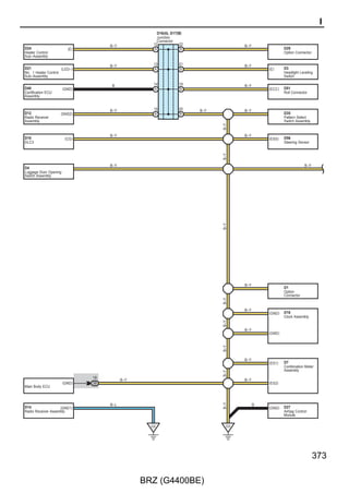 Tire Pressure Warning System

               (IG)                                                           (BAT)


                          7. 5A                                                             7. 5A
                          GAUGE                                                             MPX–B


               2                                                               2

              2 3A                                                                  1

              W–G




                                                                              L–R
                                                                              L–R
                                                                           19 3C
              W–G




                                                                           17 3B




                                                                              R–W
                                              D7
               2                              Combination Meter Assembly       1
                    IG+                                                                 B
                                   Pressure
                                   Tire




                I/F                  LED Driver                            Power Circuit




                                                         CPU




                    CAN Driver



                    CANH          CANL
               6            7
                           BR–W
              BR




   BR

  BR–W




254

                                                  BRZ (G4400BE)
 