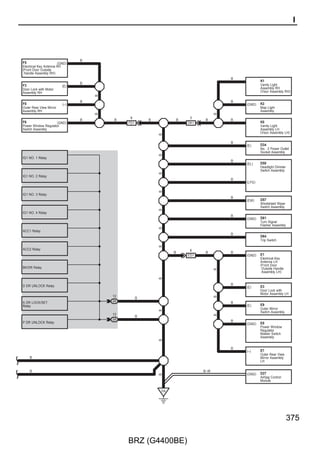 Clock

         (IG)             (ACC)             (BAT)


                7. 5A              7. 5A                     20A
                GAUGE              RADIO                     DOME


         2                 2                 2

        2 3A             36 3B                   1




                                            W
        W–G




                          R–B
                                           8 AD2




                                            O



                                                     Junction Connector
                                                     D46(A), D47(B)
                                           10 A




                                           7 B
        W–G




                          R–B




                                            O
                                            O




        10                11                12
         LAPB
                                                                Clock Assembly



                                  Clock
                                                                D18




         GND        GND
         8         14
        B–Y




                   B–Y
        B–Y




          D3




256

                                BRZ (G4400BE)
 