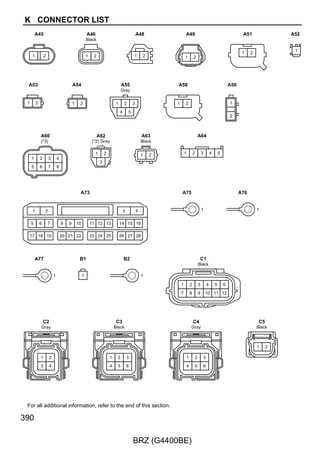 G
                                                                                    L–R


                                                                              G–R
                                                                                                                                32
                                                                                                                  L–R




                                                                                                                        19 3C
                                                                                                                                       BMPX
                                                                                                                                1
                                                                                    G–R                           G–R




                                                                                          12 B
                                                                                                          21 A
                                                                                                                        27 3A
                                                                                                                                       BECU




                                                                                             D16(A), D17(B)
                                                                                             Junction Connector
                                                                                                                                2




                                                                                                                  G
                                                                                                                        7 3C
                                                                                                                                       KSWB




                                                                                                                  R–W
                                                                                                                        10 3D
                                                                                                                                              Main Body ECU
                                                                                                                                              A73(A), D5(B), D6(C)




                           1
                                                           2
                                                                                                                  BR
                                                                                                                                22 B
                                                                                                                                       KSW




                                                     UN–




                                UN+
                               D53
                               Un–Lock Warning Switch Assembly




BRZ (G4400BE)
                               (Ignition Switch Lock Cylinder Assembly)
                                                                                                                                11




                                        B–Y                                                                       B–Y
                                                                                                                        18 3B




                      D3
                                                                                                                                       GND




                                        B–Y                                                                                 B
                                                                                          6 B
                                                                                                          4 A
                                                                                                                                1 C




                      D1
                                                                                                                                       GND




                                                                                             D8(A), D9(B)
                                                                                             Junction Connector



                                        B–Y                                                                              B–Y
                                                                                          7 A
                                                                                                    9 A
                                                                                                                                4 A




                      A3
                                                                                                                                       GND




                                                                                             A9(A)
                                                                                             Junction Connector




                271
 