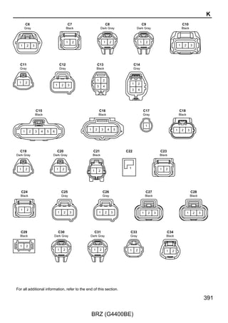 Wireless Door Lock Control (w/o Smart Entry  Start System)

                                                                 A73(A), D5(B), D6(C)
                                                                 Main Body ECU




                                                                                           DOMR       HZR                 FDCY                                FPCY
                                                                                          7 B         3                   16                                  10
      (BAT)




                                                                                           L
                       20A
                       DOME
                                                                                                   16 3B                28 3A                                13 3B

       2




                                                                                                      W




                                                                                                                                                              GR
                                                                                                                          V
           1
                                                                                                      8




                                                                                           L
                                                                                                      EHW
      W




  8 AD2                                 9 DK1                                             8 DK1   D61
                                                                                                  Turn Signal Flasher   18 HD1                               3 GD1
                                                                                                  Assembly
                                         LG




                                                                                           P
      O




                                    O
               Junction Connector
               D46(A), D47(B)




  10 A
                                         LG




                                                                                                                          Y–B




                                                                                                                                                              LG
      7 B
                                          2
                                              +B
      O




                                                DOOR




                                                                     Map Light Assembly
                                        OFF
                                        ON




                                                                                                                                 Front Door Courtesy Light




                                                                                                                                                                     Front Door Courtesy Light
                                                                                                                                                                     Switch Assembly RH
                                                                                                                                 Switch Assembly LH
                                                                                                                           1                                   1
                                                           DOOR SW
                                                                     K3




                                                       3



                                                                                                                                                                     G18
                                                                                                                                 H21
                                                       P




                                                                 ∗ 2 : w/ Tire Pressure Warning System
                                                                 ∗ 3 : w/o Tire Pressure Warning System
                                                                 ∗ 9 : w/ Wireless Door Lock Buzzer




272

                                                               BRZ (G4400BE)
 