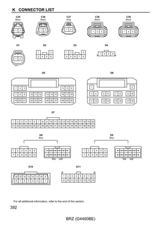 A73(A), D5(B), D6(C)
                                         Main Body ECU




    PRG                       RDA                                                                                                      BZR
   6 C                       7 C                                                                                                      1 A

                                             (BAT)                                  (BAT)                       (IG)


                                                                     7. 5A                           7. 5A                  10A
                                                                     ECU–B                           ECU–B                  ECU IG1


                                             2                                       2                          2


                                                  1                                       1                  20 3D




                                                                                                                                            (∗9)
                                                                                                                                      V
                                            G–R
                                                      (∗3)




                                                                                    L–R
                                                                                              (∗2)
                                         25 AD2
                                                                                  19 3C




                                                                                                                     (∗2)
                                            G–R




                                                                                                               Y
                                                      (∗3)
   R




                             V




                                                             Junction Connector




                                                                                                                                       1
                                                             D16(A), D17(B)




                                                                                                                                                              Wireless Door Lock Buzzer
                                           12 B                                   19 3D                                                     +



                                           19 A
                                                                                    R–Y
                                                                                              (∗2)
                                            G–R
                                                      (∗3)




                                                                                                                                            –




                                                                                                                                                              A63
                                                                                                                                       2

34 HD1                    35 HD1         38 HD1                                   39 HD1                     37 HD1
                                                                                    Y–R
                                                      (∗3)




                                                                                              (∗2)




                                                                                                                     (∗2)




                                                                                                                                            (∗9)
                                                                                                               W
                             R
   P




                                            Y




                                                                                                                                      B



                                                                                                                                                   Junction Connector
   3 A                       2 A (∗3)
   5 B                       4 B (∗2)       5 A                                    7 B                         1 B                    2 B


                                                                                                                                                   A10(B)
    PRG                       RDA             +B                                      +B                         IG

                                                                                                                                      1 B
                                                                                                                GND
H27(A)                                                                                                         1 A (∗3)
Door Control Receiver                                                                                         12 B (∗2)
H28(B)
Tire Pressure Warning ECU and Receiver
(Door Control and Tire Pressure
 Monitoring System Receiver Assembly)
                                                                                                                                            (∗9)
                                                                                                               B




                                                                                                                                      B
                                                                                                                                            (∗9)
                                                                                                               B




                                                                                                                                      B




                                                                                                                H3                     A1




                                                                                                                                                                                          273

                                                      BRZ (G4400BE)
 