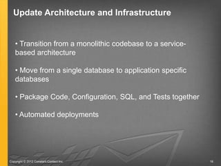 Update Architecture and Infrastructure


   • Transition from a monolithic codebase to a service-
   based architecture

 ...