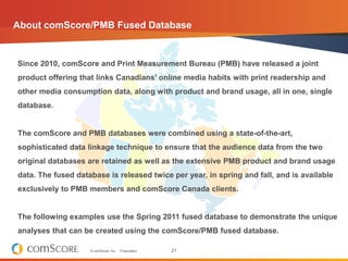 About comScore/PMB Fused Database


Since 2010, comScore and Print Measurement Bureau (PMB) have released a joint
product offering that links Canadians‟ online media habits with print readership and
other media consumption data, along with product and brand usage, all in one, single
database.


The comScore and PMB databases were combined using a state-of-the-art,
sophisticated data linkage technique to ensure that the audience data from the two
original databases are retained as well as the extensive PMB product and brand usage
data. The fused database is released twice per year, in spring and fall, and is available
exclusively to PMB members and comScore Canada clients.


The following examples use the Spring 2011 fused database to demonstrate the unique
analyses that can be created using the comScore/PMB fused database.

                    © comScore, Inc.   Proprietary.   21
 