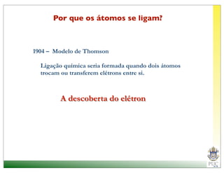 Por que os átomos se ligam?



1904 – Modelo de Thomson

  Ligação química seria formada quando dois átomos
  trocam ou transferem elétrons entre si.



        A descoberta do elétron
 
