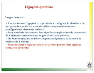 Ligações químicas

A regra do octeto:

 - Átomos formam ligações para produzir a configuração eletrônica de
um gás nobre, onde seu nível de valência contem oito elétrons
(configurações altamente estáveis);
 - Para a maioria dos átomos, isso significa atingir a camada de valência
de 8 elétrons correspondente ao gás nobre mais próximo;
 - Os átomos próximo ao hélio atingem configuração da camada de
valência de 2 elétrons
 - Para satisfazer a regra do octeto, os átomos podem fazer ligações
iônicas ou covalentes
 