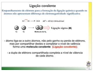 Ligação covalente
Emparelhamento de elétrons para a formação da ligação química quando os
 átomos não apresentam diferença de eletronegatividade significativa

                 H•   +   •H        H-H       ΔH0 = -435 kJ (-104 kcal)/mol



           H     H                  H     H              Ligação sigma ( )
           1s    1s               Molécula de H2




  - átomo liga-se a outro átomos, não pelo ganho ou perda de elétrons,
       mas por compartilhar destes e completar o nível de valência
         forma uma molecula covalente (Ligação covalente);

    - a dupla de elétrons compartilhada completa a nível de vâlencia
                            de cada átomo.
 