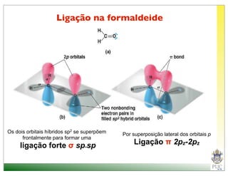 Ligação na formaldeide




Os dois orbitais híbridos sp2 se superpõem   Por superposição lateral dos orbitais p
      frontalmente para formar uma
     ligação forte σ sp-sp                       Ligação π 2pz-2pz
 