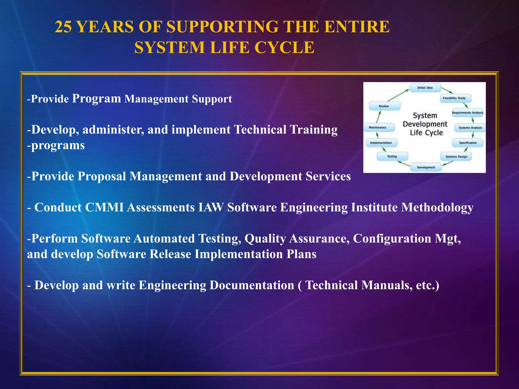 25 YEARS OF SUPPORTING THE ENTIRE
            SYSTEM LIFE CYCLE

-Provide Program Management Support

-Develop, administer, and implement Technical Training
-programs

-Provide Proposal Management and Development Services

- Conduct CMMI Assessments IAW Software Engineering Institute Methodology

-Perform Software Automated Testing, Quality Assurance, Configuration Mgt,
and develop Software Release Implementation Plans

- Develop and write Engineering Documentation ( Technical Manuals, etc.)
 