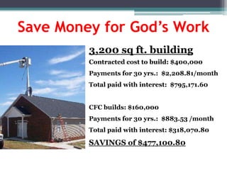 Save Money for God’s Work
         3,200 sq ft. building
         Contracted cost to build: $400,000
         Payments for 30 yrs.: $2,208.81/month
         Total paid with interest: $795,171.60


         CFC builds: $160,000
         Payments for 30 yrs.: $883.53 /month
         Total paid with interest: $318,070.80

         SAVINGS of $477,100.80
 
