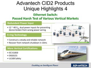 Advantech CID2 Products
           Unique Highlights 4
                   Ethernet Switch:
     Passed Harsh Test of Various Vertical Markets
Redundant Power Input
• 12 ~ 48 VDC dual power inputs for preventing
  device broken from wrong power wiring

X-ring Technology
• Construct a steady and reliable network
• Recover from network shutdown in 10ms

More Vertical Certifications
• IEC 61850
• EN50155
• UL508 Safety
 