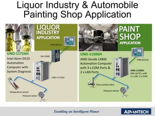 Liquor Industry & Automobile
        Painting Shop Application


UNO-1172AH          UNO-1150GH
Intel Atom D510     AMD Geode LX800
Automation          Automation Computer
Computer with       with 3 x COM Ports &
System Diagnosis    2 x LAN Ports
 