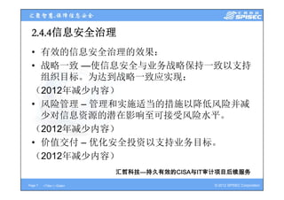 2.4.4信息安全治理
  2 4 4信息安全治理
  • 有效的信息安全治理的效果：
  • 战略一致 —使信息安全与业务战略保持一致以支持
    组织目标。为达到战略 致应实现：
    组织目标 为达到战略一致应实现：
  （2012年减少内容）
  • 风险管理 – 管理和实施适当的措施以降低 险并减
     险管理 管理和实施适当的措施以降低风险并减
    少对信息资源的潜在影响至可接受风险水平。
  （2012年减少内容）
  • 价值交付 – 优化安全投资以支持业务目标。
  （2012年减少内容）
                            汇哲科技—持久有效的CISA与IT审计项目后续服务

Page 7   <Title> | <Date>                     © 2012 SPISEC Corporation
 