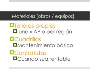 Materiales (obras / equipos) Talleres propios uno x AP o por región Cuadrillas Mantenimiento básico Contratistas Cuando sea rentable 