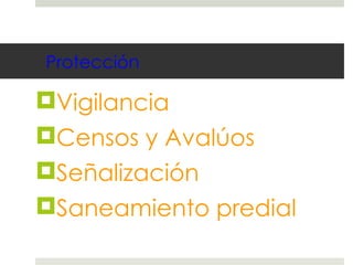 Protección Vigilancia Censos y Avalúos Señalización Saneamiento predial 