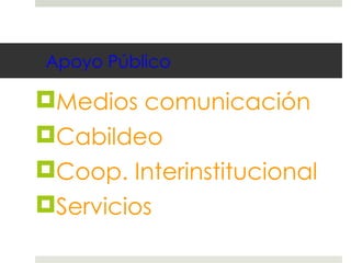 Apoyo Público Medios comunicación Cabildeo Coop. Interinstitucional Servicios 