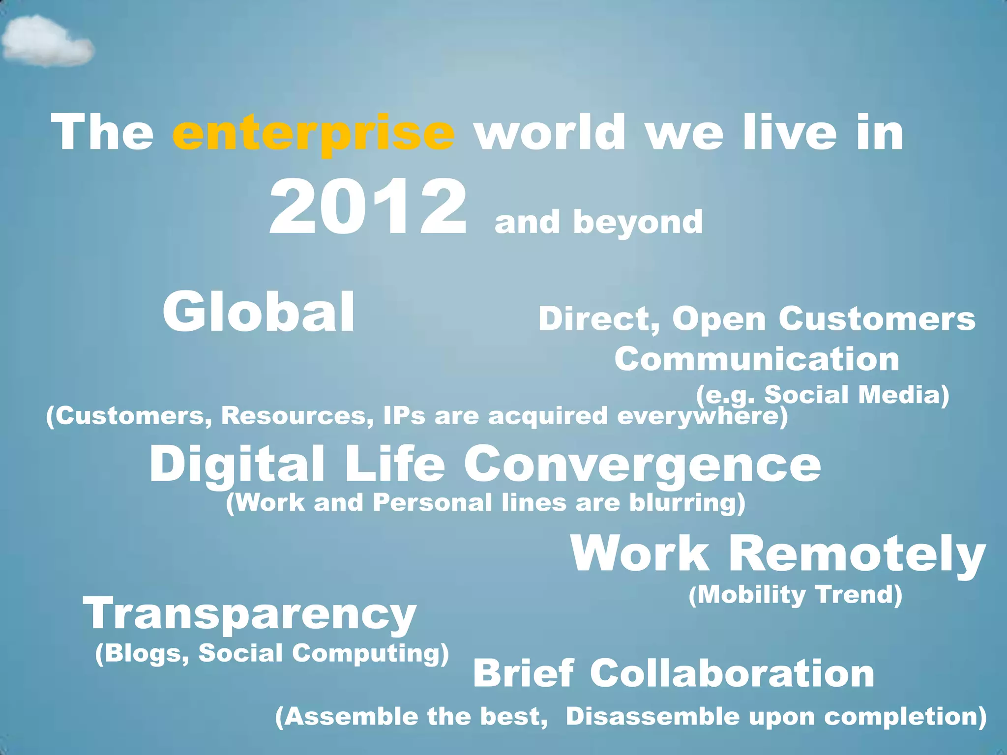 The enterprise world we live in
               2012             and beyond

        Global                    Direct, Open Customers
                                      Communication
                                             (e.g. Social Media)
(Customers, Resources, IPs are acquired everywhere)

       Digital Life Convergence
            (Work and Personal lines are blurring)

                                     Work Remotely
                                             (Mobility Trend)
  Transparency
   (Blogs, Social Computing)
                               Brief Collaboration
                (Assemble the best, Disassemble upon completion)
 