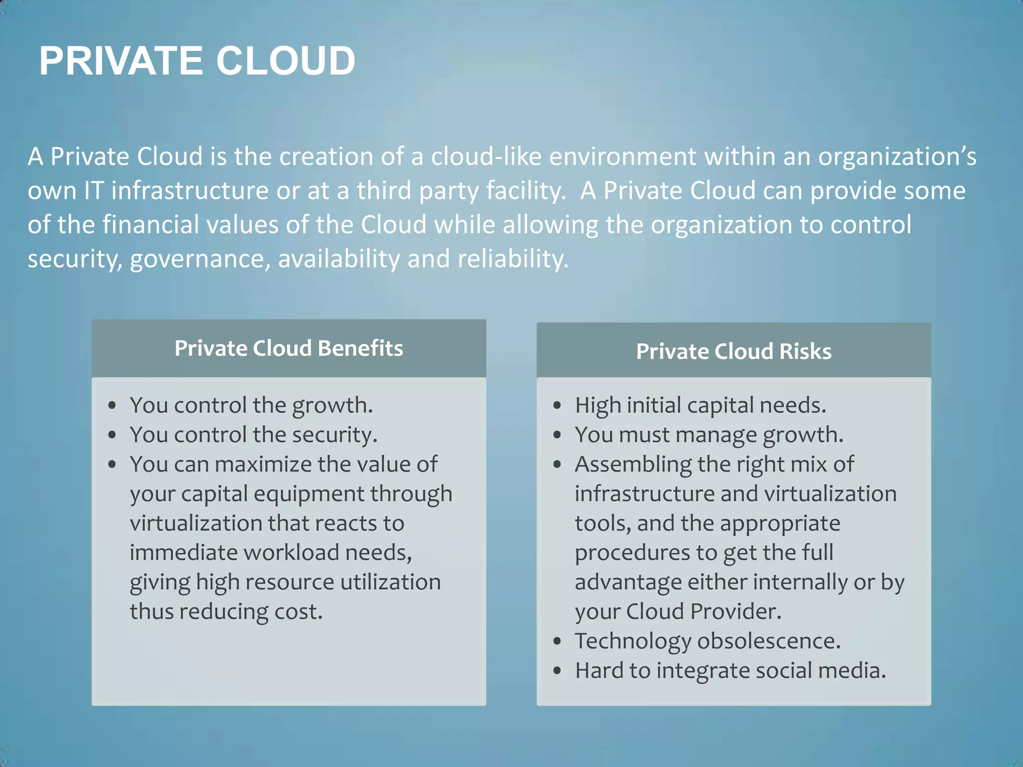 PRIVATE CLOUD

A Private Cloud is the creation of a cloud-like environment within an organization’s
own IT infrastructure or at a third party facility. A Private Cloud can provide some
of the financial values of the Cloud while allowing the organization to control
security, governance, availability and reliability.


            Private Cloud Benefits                    Private Cloud Risks

      • You control the growth.               • High initial capital needs.
      • You control the security.             • You must manage growth.
      • You can maximize the value of         • Assembling the right mix of
        your capital equipment through          infrastructure and virtualization
        virtualization that reacts to           tools, and the appropriate
        immediate workload needs,               procedures to get the full
        giving high resource utilization        advantage either internally or by
        thus reducing cost.                     your Cloud Provider.
                                              • Technology obsolescence.
                                              • Hard to integrate social media.
 