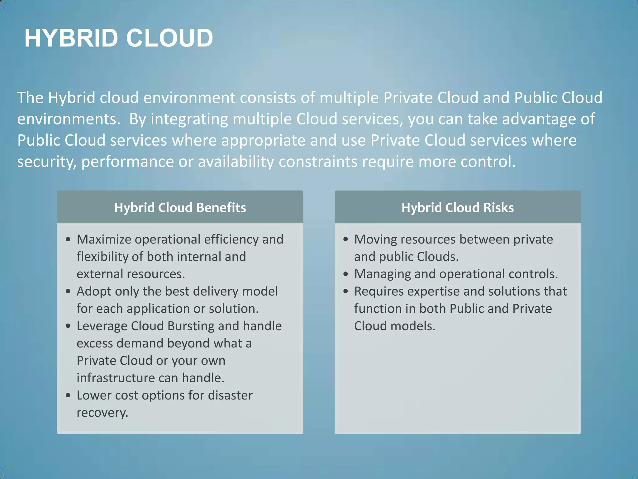 HYBRID CLOUD

The Hybrid cloud environment consists of multiple Private Cloud and Public Cloud
environments. By integrating multiple Cloud services, you can take advantage of
Public Cloud services where appropriate and use Private Cloud services where
security, performance or availability constraints require more control.

              Hybrid Cloud Benefits                     Hybrid Cloud Risks

      • Maximize operational efficiency and   • Moving resources between private
        flexibility of both internal and        and public Clouds.
        external resources.                   • Managing and operational controls.
      • Adopt only the best delivery model    • Requires expertise and solutions that
        for each application or solution.       function in both Public and Private
      • Leverage Cloud Bursting and handle      Cloud models.
        excess demand beyond what a
        Private Cloud or your own
        infrastructure can handle.
      • Lower cost options for disaster
        recovery.
 