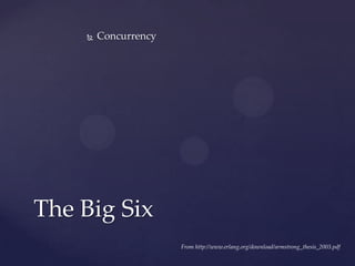  Concurrency
The Big Six
From http://www.erlang.org/download/armstrong_thesis_2003.pdf
 
