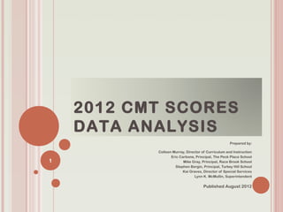 2012 CMT SCORES
    DATA ANALYSIS
                                                    Prepared by:

           Colleen Murray, Director of Curriculum and Instruction
                  Eric Carbone, Principal, The Peck Place School
1                        Mike Gray, Principal, Race Brook School
                    Stephen Bergin, Principal, Turkey Hill School
                         Kai Graves, Director of Special Services
                                Lynn K. McMullin, Superintendent

                                    Published August 2012
 