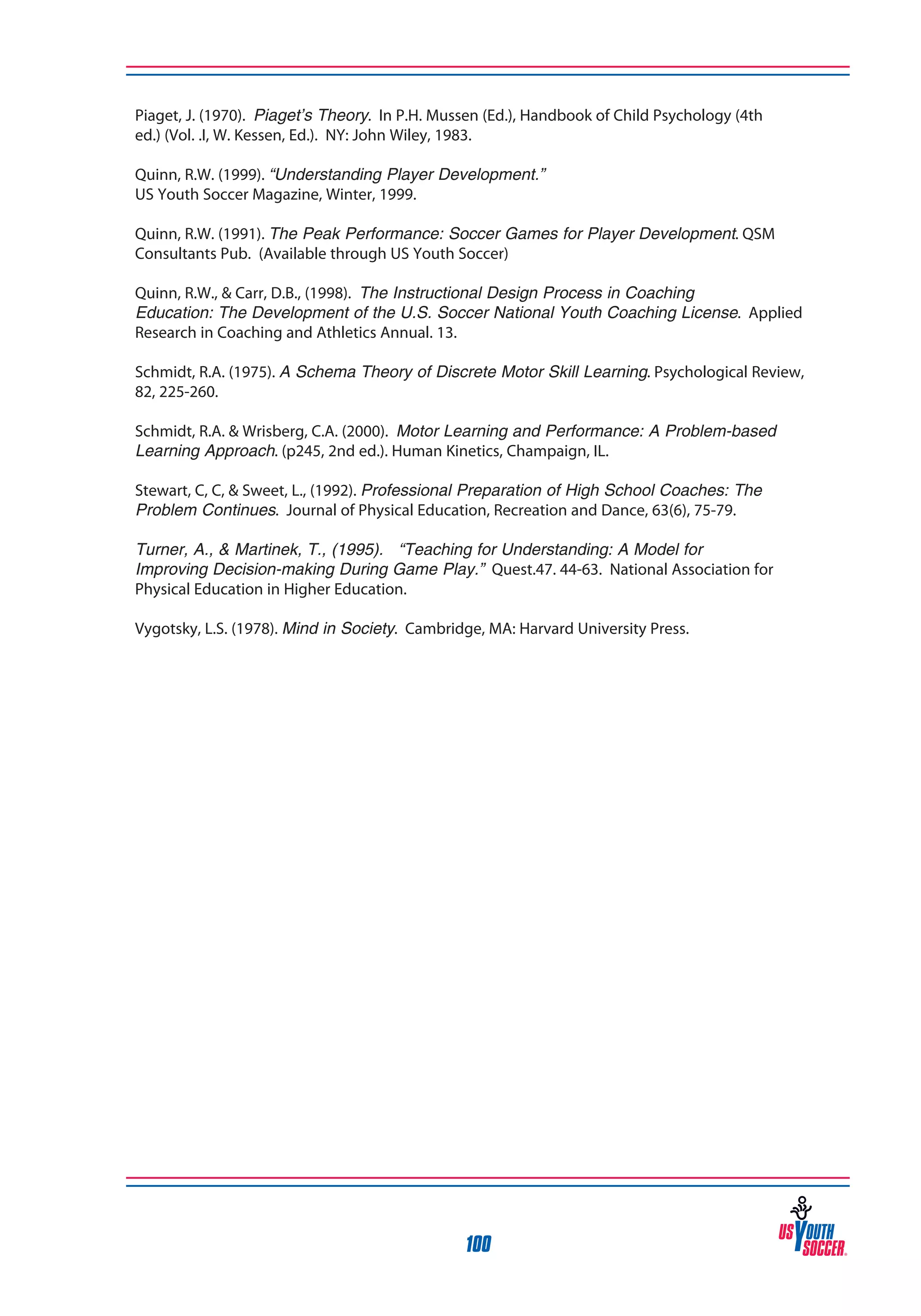 Piaget, J. (1970). Piaget’s Theory. In P.H. Mussen (Ed.), Handbook of Child Psychology (4th
ed.) (Vol. .I, W. Kessen, Ed.). NY: John Wiley, 1983.
Quinn, R.W. (1999). “Understanding Player Development.”
US Youth Soccer Magazine, Winter, 1999.
Quinn, R.W. (1991). The Peak Performance: Soccer Games for Player Development. QSM
Consultants Pub. (Available through US Youth Soccer)
Quinn, R.W., & Carr, D.B., (1998). The Instructional Design Process in Coaching
Education: The Development of the U.S. Soccer National Youth Coaching License. Applied
Research in Coaching and Athletics Annual. 13.
Schmidt, R.A. (1975). A Schema Theory of Discrete Motor Skill Learning. Psychological Review,
82, 225-260.
Schmidt, R.A. & Wrisberg, C.A. (2000). Motor Learning and Performance: A Problem-based
Learning Approach. (p245, 2nd ed.). Human Kinetics, Champaign, IL.
Stewart, C, C, & Sweet, L., (1992). Professional Preparation of High School Coaches: The
Problem Continues. Journal of Physical Education, Recreation and Dance, 63(6), 75-79.
Turner, A., & Martinek, T., (1995). “Teaching for Understanding: A Model for
Improving Decision-making During Game Play.” Quest.47. 44-63. National Association for
Physical Education in Higher Education.
Vygotsky, L.S. (1978). Mind in Society. Cambridge, MA: Harvard University Press.

100

 