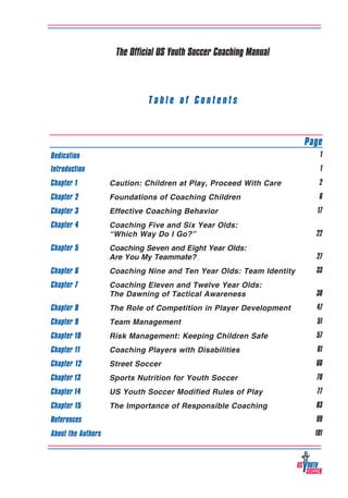 The Official US Youth Soccer Coaching Manual

Table of Contents
										
	

Page

Dedication

1

Introduction

1

Chapter 1	

Caution: Children at Play, Proceed With Care

2

Chapter 2	

Foundations of Coaching Children

6

Chapter 3	

Effective Coaching Behavior

17

Chapter 4	
	

Coaching Five and Six Year Olds:
“Which Way Do I Go?”

22

Chapter 5	
	

Coaching Seven and Eight Year Olds:
Are You My Teammate?

27

Chapter 6	

Coaching Nine and Ten Year Olds: Team Identity

33

Chapter 7	
	

Coaching Eleven and Twelve Year Olds:
The Dawning of Tactical Awareness

38

Chapter 8	

The Role of Competition in Player Development

47

Chapter 9	

Team Management

51

Chapter 10	

Risk Management: Keeping Children Safe

57

Chapter 11	

Coaching Players with Disabilities

61

Chapter 12	

Street Soccer

66

Chapter 13	

Sports Nutrition for Youth Soccer

70

Chapter 14 	

US Youth Soccer Modified Rules of Play 	

77

Chapter 15	

The Importance of Responsible Coaching

83

References

99

About the Authors										

101

3

 