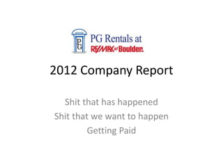 2012 Company Report

  Shit that has happened
Shit that we want to happen
         Getting Paid
 