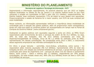 MINISTÉRIO DO PLANEJAMENTO
                     Secretaria de Logística e Tecnologia da Informação – SLTI
Segmentando a informação regionalmente, foi possível observar que em 2012 os órgãos
federais localizados no estado do Rio de Janeiro e no Distrito Federal foram os que mais
utilizaram o pregão em quantidade (4.708) e valor (R$ 15,1 bilhões), respectivamente. No
Distrito Federal, esse montante representou 77% de todos os seus gastos com aquisições.
Proporcionalmente o estado de Roraima foi o maior usuário, com 91% de suas compras por
essa modalidade.

Nesse contexto, as informações apresentadas ratificam a importância dessa modalidade de
contratação para a redução dos gastos públicos, além de proporcionar maior transparência,
tendo em vista que todos os certames podem ser acompanhados em tempo real no Portal de
Compras do Governo Federal (www.comprasnet.gov.br).

Analisando os gastos públicos com aquisições segundo o porte em 2012, as MPEs foram
responsáveis pelo fornecimento de bens e serviços da ordem de R$ 14,1 bilhões, ou seja,
29% do total das licitações. Dos R$ 24,5 bilhões contratados por meio de
dispensa/inexigibilidade de licitação, cerca de R$ 1,3 bilhão foi realizado junto às MPEs,
representando 5% dessas contratações. Na comparação entre 2012 e 2007, o crescimento
desse segmento empresarial nas referidas contratações foi de 45%.

Em 2012, o grupo Veículos – caminhão, micro-ônibus, ambulância, entre outros – foi
responsável pelas maiores aquisições (R$ 5,5 bilhões), representando 24% do total das
licitações de bens. Em relação aos certames licitatórios de serviços, o grupo Serviços gerais de
construção para obras de engenharia civil – serviços de obras civis de rodovia e saneamento
básico, entre outros – lidera o ranking (R$ 7,3 bilhões), respondendo por 29% dessas
contratações. Do total licitado nesse ano, 48% (R$ 23,3 bilhões) foram de bens e 52% (R$
24,9 bilhões) de serviços.

                             Ministério do Planejamento,
                                Orçamento e Gestão
 