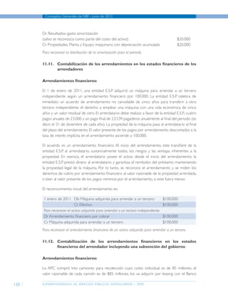 superintendencia de servicios públicos domiciliarios - sspd
Conceptos Generales de NIIF - junio de 2012
120
Dr. Resultados–gasto amortización
(salvo se reconozca como parte del costo del activo) 				 $20.000
Cr Propiedades, Planta y Equipo maquinaria con depreciación acumulada 		 $20.000
Para reconocer la distribución de la amortización para el periodo.
11.11.	 Contabilización de los arrendamientos en los estados financieros de los
arrendadores
Arrendamientos financieros:
El 1 de enero de 2011, una entidad E.S.P. adquirió un máquina para arrendar a un tercero
independiente según un arrendamiento financiero por 100.000. La entidad E.S.P. celebra de
inmediato un acuerdo de arrendamiento no cancelable de cinco años para transferir a otro
tercero independiente el derecho a emplear una máquina con una vida económica de cinco
años y un valor residual de cero. El arrendatario debe realizar, a favor de la entidad E.S.P., cuatro
pagos anuales de 23.000 y un pago final de 23.539 pagaderos anualmente al final del periodo (es
decir, el 31 de diciembre de cada año). La propiedad de la máquina pasa al arrendatario al final
del plazo del arrendamiento. El valor presente de los pagos por arrendamiento descontados a la
tasa de interés implícita en el arrendamiento asciende a 100.000.
El acuerdo es un arrendamiento financiero. Al inicio del arrendamiento, este transfiere de la
entidad E.S.P. al arrendatario, sustancialmente todos, los riesgos y las ventajas inherentes a la
propiedad. En esencia, el arrendatario posee el activo desde el inicio del arrendamiento; la
entidad E.S.P. prestó dinero al arrendatario y garantiza el rembolso del préstamo manteniendo
la propiedad legal de la máquina. Por lo tanto, se reconoce el arrendamiento y se miden los
derechos de cobro por arrendamiento financiero al valor razonable de la propiedad arrendada,
o bien al valor presente de los pagos mínimos por el arrendamiento, si este fuera menor.
El reconocimiento inicial del arrendamiento es:
1 enero de 2011 Db Máquina adquirida para arrendar a un tercero $100.000
Cr Efectivo $100.000
Para reconocer el activo adquirido para arrendar a un tercero independiente.
Dr Arrendamiento financiero por cobrar $100.000
Cr Máquina adquirida para arrendar a un tercero $100.000
Para reconocer el arrendamiento financiero de un activo adquirido para arrendar a un tercero.
11.12.	 Contabilización de los arrendamientos financieros en los estados
financieros del arrendador incluyendo una subvención del gobierno
Arrendamientos financieros:
La APC compró tres camiones para recolección cuyo costo individual es de 85 millones, el
valor razonable de cada camión es de $85 millones, los va adquirir por leasing con el Banco
Página anterior contenido Página siguiente
 