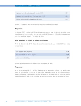 superintendencia de servicios públicos domiciliarios - sspd
Conceptos Generales de NIIF - junio de 2012
76
Empleados con más de cinco años de servicio 1/1/15 150
Empleados con menos de cinco años de servicio 1/1/15 120
(Periodo medio hasta la irrevocabilidad: tres años) 270
¿Cómo y a qué fecha debe ser reconocido el plan de beneficios por retiro?
Respuesta:
La entidad E.S.P. reconocerá 150 inmediatamente, puesto que el derecho a recibir estos
beneficios es ya irrevocable. Por otra parte, la entidad E.S.P. repartirá 120 de forma lineal en los
tres años que faltan hasta el 1º de enero de 2015.
5.13.	 Superávit en el plan de beneficios definidos
Al 31 de diciembre de 2011, el plan de beneficios definidos de una entidad E.S.P. tiene estas
características:
Valor presente de la obligación 1.000
Valor razonable de los activos del plan 1.200
Activos excedentes del plan 200
¿Cómo debería presentar la E.S.P. los activos excedentes del plan?
Respuesta:
Al 31 de diciembre de 2011, el valor presente de los reembolsos futuros y las reducciones
sobre las aportaciones futuras con los que cuenta la entidad E.S.P. es de 200. La entidad E.S.P.
deberá presentar el superávit actual del plan de beneficios definidos como un activo del plan de
beneficios definidos por 200, en su estado de situación financiera al 31 de diciembre de 2011.
Página anterior contenido Página siguiente
 