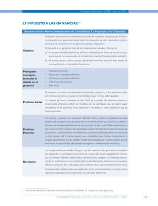 superintendencia de servicios públicos domiciliarios - sspd
Conceptos Generales de NIIF - junio de 2012
99
3.9 Impuestoa las Ganancias 31
Resumen técnico: Norma Internacional de Contabilidad 12: Impuesto a las Ganancias.
Objetivo
El objetivo es prescribir el tratamiento contable del impuesto a las ganancias. El térmi-
no impuesto a las ganancias incluye todos los impuestos, ya sean nacionales o extran-
jeros, que se relacionen con las ganancias sujetas a imposición.
El impuesto a las ganancias trata de las consecuencias actuales y futuras de:
a)	 la recuperación (liquidación) en el futuro del importe en libros de los activos (pa-
sivos) que se han reconocido en el estado de situación financiera de la entidad; y
b)	 las transacciones y otros sucesos del periodo corriente que han sido objeto de
reconocimiento en los estados financieros.
Principales
conceptos
(consulte el
detalle en el
glosario)
–– Impuesto corriente.
–– Pasivos por impuestos diferidos.
–– Activos por impuestos diferidos.
–– Diferencias temporarias.
–– Base fiscal.
Medición Inicial
El impuesto corriente, correspondiente al periodo presente y a los anteriores, debe
ser reconocido como un pasivo en la medida en que no haya sido liquidado.
Los pasivos (activos) corrientes de tipo fiscal, ya procedan del periodo presente o
de períodos anteriores, deben ser medidos por las cantidades que se espere pagar
(recuperar) de la autoridad fiscal, utilizando la normativa y tasas impositivas que se
hayan aprobado.
Medición
Posterior
Los activos y pasivos por impuestos diferidos deben medirse empleando las tasas
fiscales que se espera sean de aplicación en el periodo en el que el activo se realice o
el pasivo se cancele,basándose en las tasas (y leyes fiscales) que al final del periodo so-
bre el que se informa hayan sido aprobadas o prácticamente terminado el proceso de
aprobación. La entidad debe contabilizar las consecuencias fiscales de las transacciones
y otros sucesos de la misma manera que contabilizan esas mismas transacciones o
sucesos económicos. Así, los efectos fiscales de transacciones y otros sucesos que se
reconocen en el resultado del periodo se registran también en los resultados.
Revelación
Los componentes principales del gasto por el impuesto a las ganancias se revelarán
por separado en los Estados Financieros. Se revelará el importe agregado de impues-
tos, corrientes y diferidos, relacionados con las partidas cargadas o acreditadas directa-
mente en el patrimonio.Una entidad debe revelar el importe del activo por impuestos
diferidos, así como de la naturaleza de la evidencia de su reconocimiento, entre otros.
Cuando exista,se debe hacer una explicación de los cambios habidos en la tasa o tasas
impositivas aplicables, en comparación con periodos anteriores.
31	
Norma de referencia: Norma Internacional de Contabilidad 12. Impuesto a las ganancias.
Página anterior contenido Página siguiente
 
