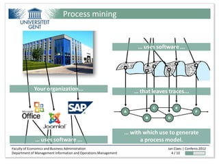 Process modeling
                              Process mining




Faculty of Economics and Business Administration                 Jan Claes | Confenis 2012
Department of Management Information and Operations Management     4 / 10
 