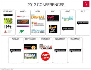 2012 CONFERENCES
     FEBRUARY                  MARCH       APRIL             MAY              JUNE              JULY




                      AUGUST       SEPTEMBER       OCTOBER         NOVEMBER          DECEMBER




Friday, February 10, 2012
 