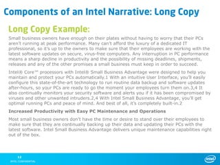 Components of an Intel Narrative: Long Copy
 Long Copy Example:
 Small business owners have enough on their plates without having to worry that their PCs
 aren’t running at peak performance. Many can’t afford the luxury of a dedicated IT
 professional, so it’s up to the owners to make sure that their employees are working with the
 latest software updates on secure, virus-free computers. Any interruption in PC performance
 means a sharp decline in productivity and the possibility of missing deadlines, shipments,
 releases and any of the other promises a small business must keep in order to succeed.
 Intel® Core™ processors with Intel® Small Business Advantage were designed to help you
 maintain and protect your PCs automatically.1 With an intuitive User Interface, you’ll easily
 configure this state-of-the-art technology to run routine data backup and software updates
 after-hours, so your PCs are ready to go the moment your employees turn them on.3,4 It
 also continually monitors your security software and alerts you if it has been compromised by
 viruses and other unwanted intruders.2,4 With Intel Small Business Advantage, you’ll get
 optimal running PCs and peace of mind. And best of all, it’s completely built-in.2
 Increased Productivity with Easy PC Maintenance and Operations
 Most small business owners don’t have the time or desire to stand over their employees to
 make sure that they are continually backing up their data and updating their PCs with the
 latest software. Intel Small Business Advantage delivers unique maintenance capabilities right
 out of the box.




     12
 