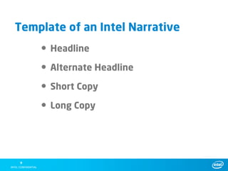 Template of an Intel Narrative
    • Headline

    • Alternate Headline

    • Short Copy

    • Long Copy




9
 