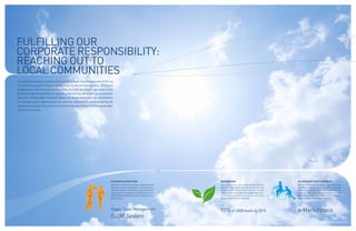 FULFILLING OUR
CORPORATE RESPONSIBILITY:
REACHING OUT TO
LOCAL COMMUNITIES
Companies are also members of society. Indeed, businesses cannot thrive
without the support of the communities in which they operate. At Hanjin
Shipping, our roots lie in our communities. As such, we strive to give back to and
build the local communities we operate in by sharing our profits on a consistent
basis. As a responsible corporate citizen, we remain faithful to our commitment
in maintaining the highest levels of customer satisfaction, while ensuring the
success of our business partners and working relentlessly for the sustainable
future of our planet.




                                                                                CUSTOMER SATISFACTION                              ENVIRONMENT                                     CO-PROSPERITY WITH PARTNERS
                                                                                We believe that the best way to guarantee the      The ocean is our most important business        When it comes to our business partners, our
                                                                                highest customer satisfaction is by being sin-     platform. This means we have the utmost duty    paramount concern has to do with sharing our
                                                                                cere and efficient through our operations. Our     to protect it for generations to come. Hanjin   prosperity with them. Our primary goal is to
                                                                                supply chain management (SCM) system en-           Shipping has long adopted responsible envi-     streamline all operational procedures in our
                                                                                ables efficient inventory control and lowers lo-   ronmental policies and has our very own         relationship with business partners through
                                                                                gistics costs.                                     Supply Chain Carbon Calculator.                 close and consistent communication.


                                                                                -                                                  -                                               -
                                                                                Supply Chain Management                            15% of 2008 levels by 2015                      e-Marketplace
                                                                                (SCM) System
                                                                                                                                                                                                           GLOBAL LOGISTICS LEADER 28 | 29
 