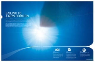 SAILING TO
A NEW HORIZON
In December 2009, Hanjin Shipping Holdings was launched, with Hanjin
Shipping as its ocean transportation subsidiary. This transformation reflected
Hanjin Shipping’s vision and commitment to provide the best customer service.

Today, 99% of global trade is done via ocean transportation, making our service
the pulse of global trade. As the top global transportation provider, Hanjin
Shipping is looking beyond the ocean carrier business, and is expanding the
value of the supply chain as customers’ preferred total logistics provider.




                                                                                  1949                                      1988                                       2009
                                                                                  -                                         -                                          -
                                                                                  Korea Shipping Corp.                      Hanjin Shipping Co., Ltd.                  Hanjin Shipping Holdings Co., Ltd.

                                                                                  Hanjin Shipping is proud to have inher-   After the merger with Korea Shipping       Hanjin Shipping Holdings will utilize all
                                                                                  ited and succeed in operating South       Corp. and through continued growth,        its knowledge, resources, and opportu-
                                                                                  Korea’s very first global ocean trans-    Hanjin Shipping operates many dedicat-     nities to provide the best global logistics
                                                                                  portation business, and we are dedicat-   ed container terminals around the          service available to our customers
                                                                                  ed to maintaining our reputation as the   world, offering comprehensive services     around the world.
                                                                                  leader in global logistics.               that span every part of East Asia, right
                                                                                                                            to the tip of the African continent.

                                                                                                                                                                                                 GLOBAL LOGISTICS LEADER 6 | 7
 