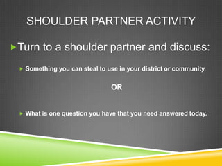 SHOULDER PARTNER ACTIVITY

Turn to a shoulder partner and discuss:

  Something you can steal to use in your district or community.


                                OR


  What is one question you have that you need answered today.
 