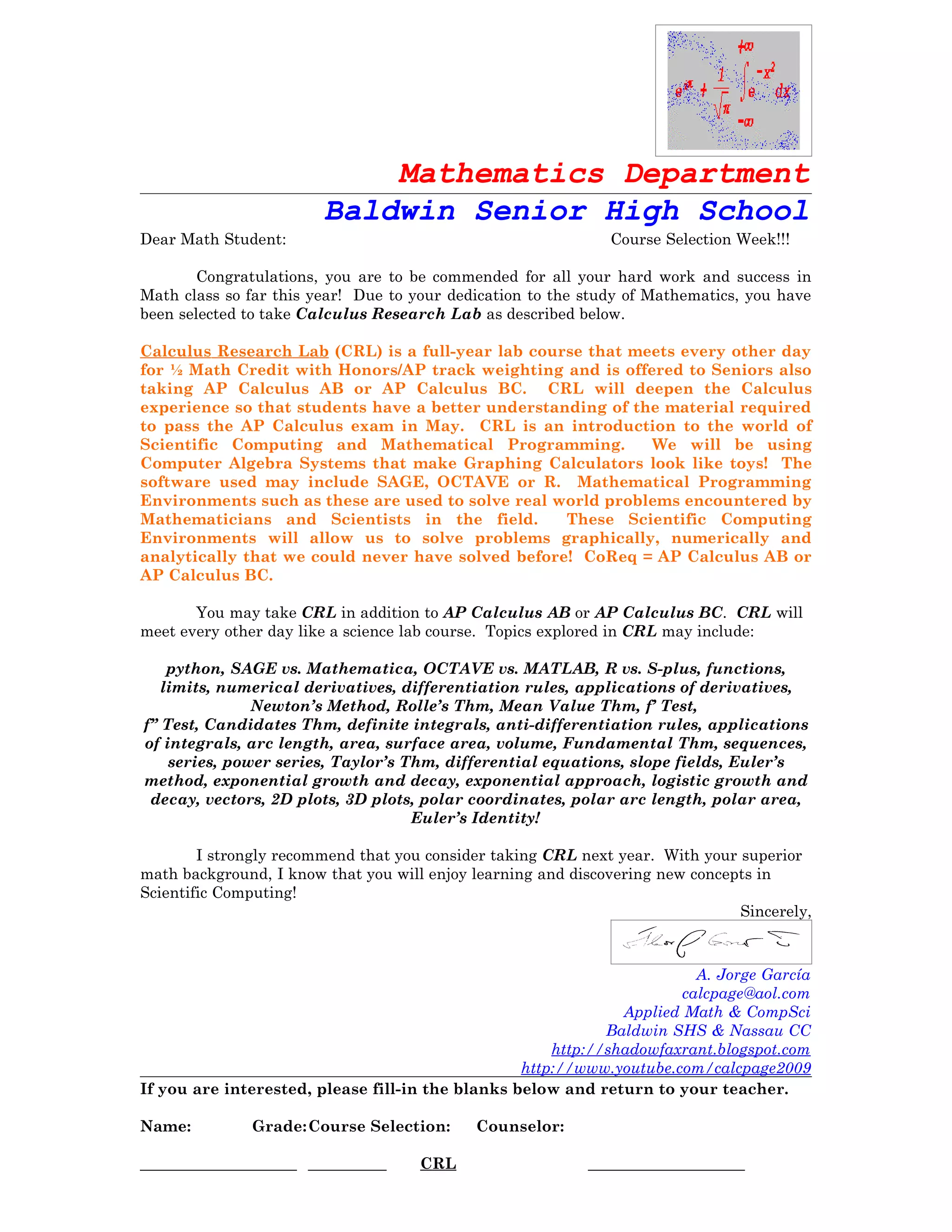 2012 Calculus Research Lab Recruiting!