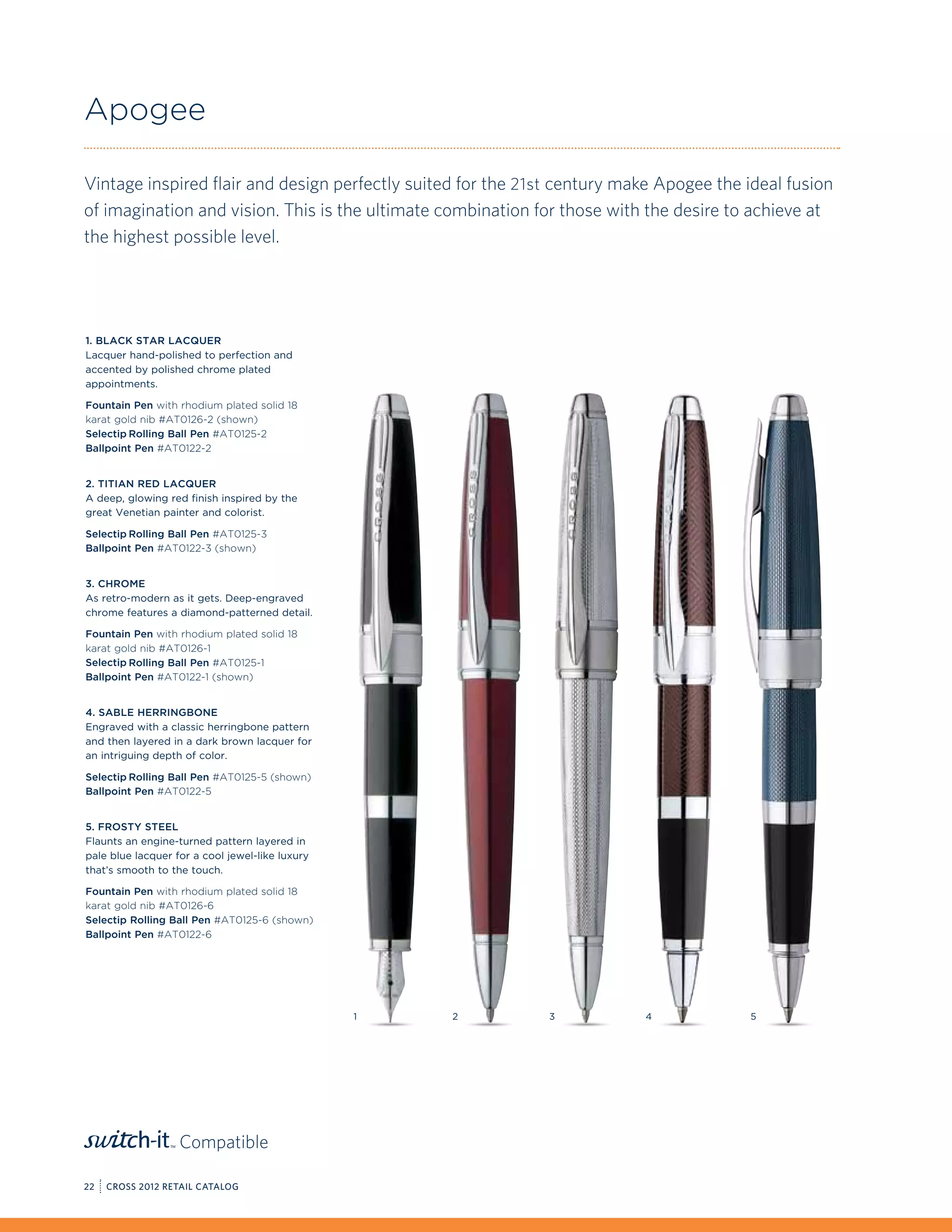 Apogee

Vintage inspired flair and design perfectly suited for the 21st century make Apogee the ideal fusion
of imagination and vision. This is the ultimate combination for those with the desire to achieve at
the highest possible level.




1. Black Star Lacquer
Lacquer hand-polished to perfection and
accented by polished chrome plated
appointments.

Fountain Pen with rhodium plated solid 18
karat gold nib #AT0126-2 (shown)
Selectip Rolling Ball Pen #AT0125-2
Ballpoint Pen #AT0122-2


2. Titian Red Lacquer
A deep, glowing red finish inspired by the
great Venetian painter and colorist.

Selectip Rolling Ball Pen #AT0125-3
Ballpoint Pen #AT0122-3 (shown)


3. Chrome
As retro-modern as it gets. Deep-engraved
chrome features a diamond-patterned detail.

Fountain Pen with rhodium plated solid 18
karat gold nib #AT0126-1
Selectip Rolling Ball Pen #AT0125-1
Ballpoint Pen #AT0122-1 (shown)


4. Sable Herringbone
Engraved with a classic herringbone pattern
and then layered in a dark brown lacquer for
an intriguing depth of color.

Selectip Rolling Ball Pen #AT0125-5 (shown)
Ballpoint Pen #AT0122-5


5. Frosty Steel
Flaunts an engine-turned pattern layered in
pale blue lacquer for a cool jewel-like luxury
that’s smooth to the touch.

Fountain Pen with rhodium plated solid 18
karat gold nib #AT0126-6
Selectip Rolling Ball Pen #AT0125-6 (shown)
Ballpoint Pen #AT0122-6




                                                 1   2        3           4             5




                   Compatible

22   CROSS 2012 RETAIL CATALOG
 