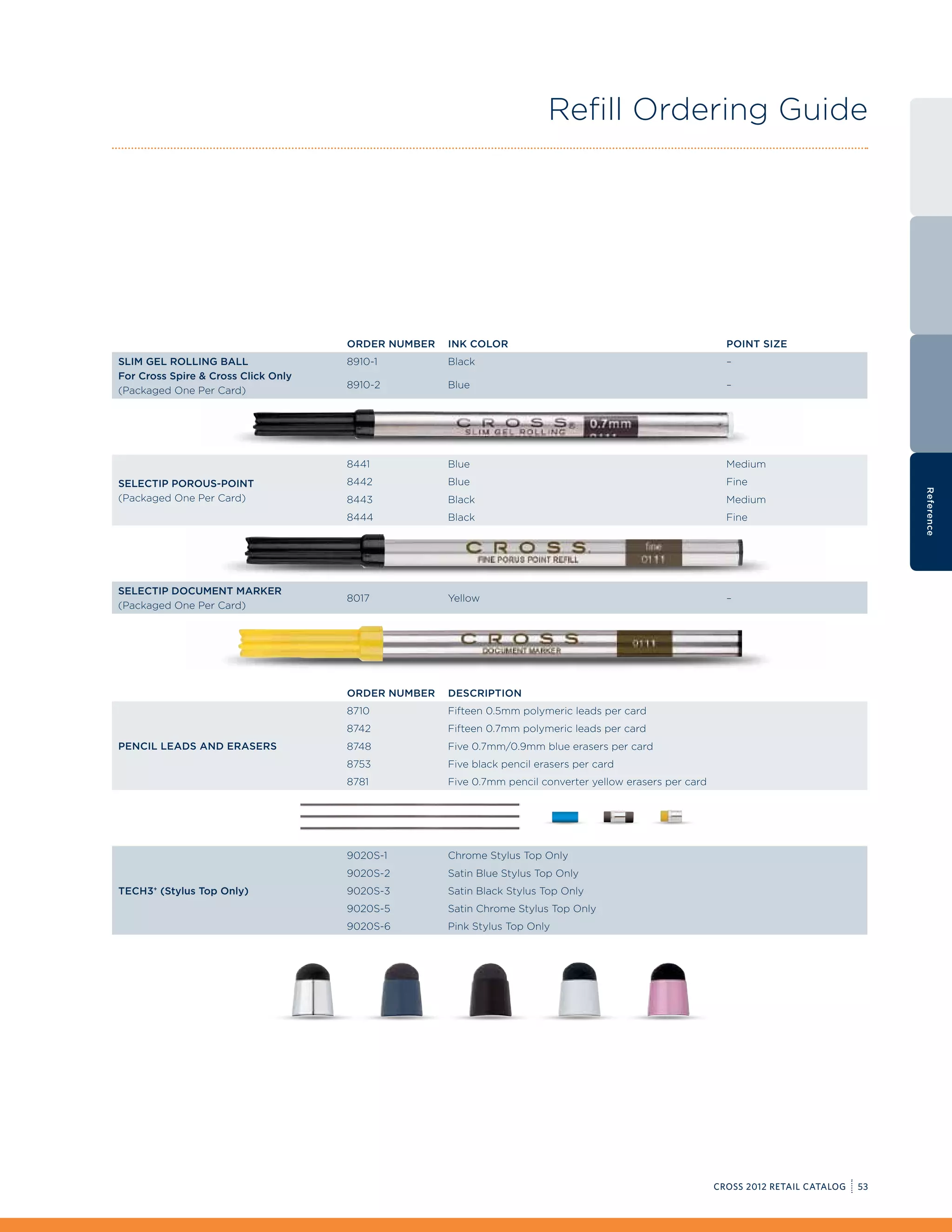 Refill Ordering Guide




                                     Order Number   Ink Color                                               Point Size
SLIM GEL ROLLING BALL                8910-1         Black                                                   –
For Cross Spire  Cross Click Only
                                     8910-2         Blue                                                    –
(Packaged One Per Card)




                                     8441           Blue                                                    Medium
SELECTIP POROUS-POINT                8442           Blue                                                    Fine




                                                                                                                                           Reference
(Packaged One Per Card)              8443           Black                                                   Medium
                                     8444           Black                                                   Fine




SELECTIP DOCUMENT MARKER
                                     8017           Yellow                                                  –
(Packaged One Per Card)




                                     Order Number   Description
                                     8710           Fifteen 0.5mm polymeric leads per card
                                     8742           Fifteen 0.7mm polymeric leads per card
Pencil leads and erasers             8748           Five 0.7mm/0.9mm blue erasers per card
                                     8753           Five black pencil erasers per card
                                     8781           Five 0.7mm pencil converter yellow erasers per card




                                     9020S-1        Chrome Stylus Top Only
                                     9020S-2        Satin Blue Stylus Top Only
Tech3+ (Stylus Top Only)             9020S-3        Satin Black Stylus Top Only
                                     9020S-5        Satin Chrome Stylus Top Only
                                     9020S-6        Pink Stylus Top Only




                                                                                                          CROSS 2012 RETAIL CATALOG   53
 