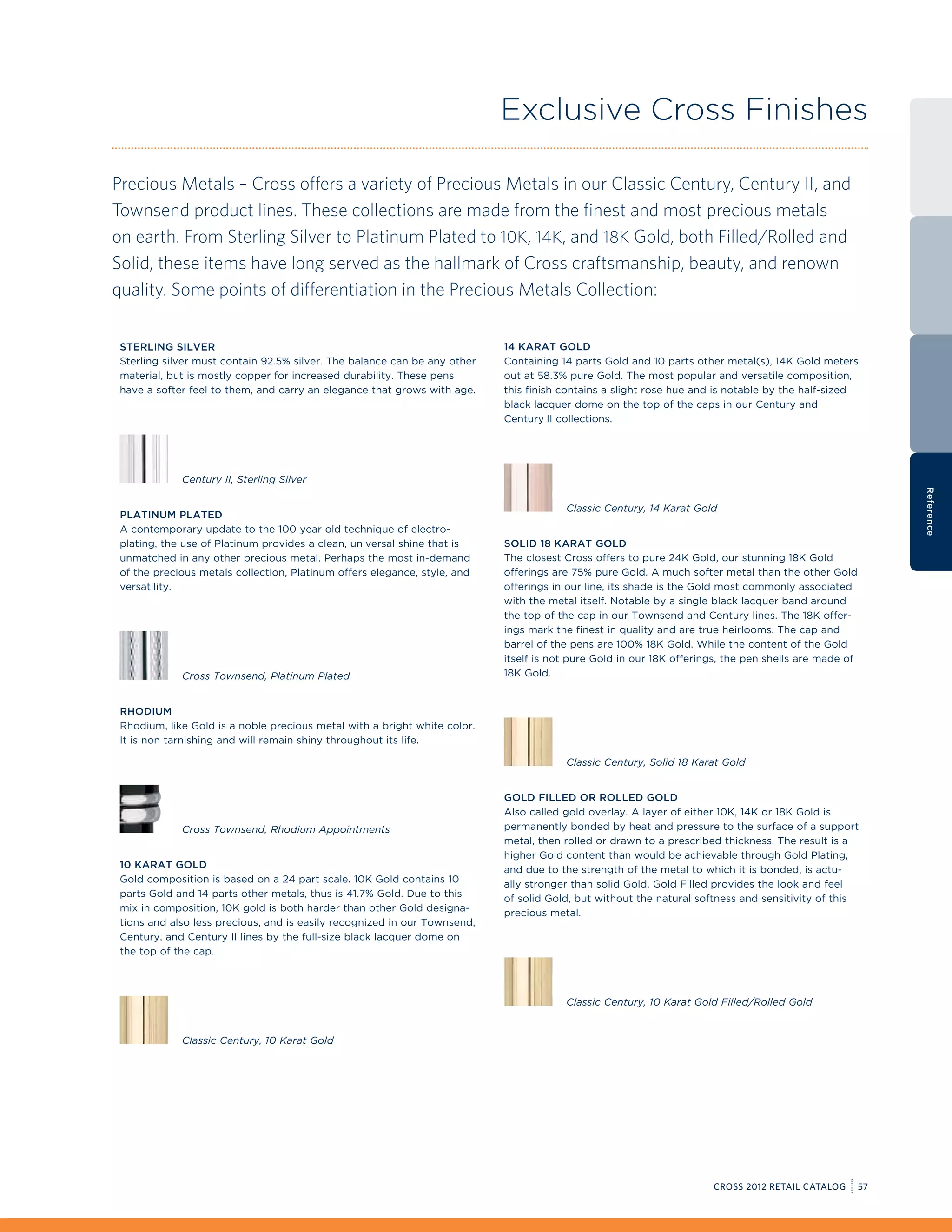 Exclusive Cross Finishes

Precious Metals – Cross offers a variety of Precious Metals in our Classic Century, Century II, and
Townsend product lines. These collections are made from the finest and most precious metals
on earth. From Sterling Silver to Platinum Plated to 10K, 14K, and 18K Gold, both Filled/Rolled and
Solid, these items have long served as the hallmark of Cross craftsmanship, beauty, and renown
quality. Some points of differentiation in the Precious Metals Collection:

 Sterling Silver                                                           14 Karat Gold
 Sterling silver must contain 92.5% silver. The balance can be any other   Containing 14 parts Gold and 10 parts other metal(s), 14K Gold meters
 material, but is mostly copper for increased durability. These pens       out at 58.3% pure Gold. The most popular and versatile composition,
 have a softer feel to them, and carry an elegance that grows with age.    this finish contains a slight rose hue and is notable by the half-sized
                                                                           black lacquer dome on the top of the caps in our Century and
                                                                           Century II collections.




             Century II, Sterling Silver




                                                                                                                                                           Reference
                                                                                       Classic Century, 14 Karat Gold
 Platinum Plated
 A contemporary update to the 100 year old technique of electro-
 plating, the use of Platinum provides a clean, universal shine that is    Solid 18 Karat Gold
 unmatched in any other precious metal. Perhaps the most in-demand         The closest Cross offers to pure 24K Gold, our stunning 18K Gold
 of the precious metals collection, Platinum offers elegance, style, and   offerings are 75% pure Gold. A much softer metal than the other Gold
 versatility.                                                              offerings in our line, its shade is the Gold most commonly associated
                                                                           with the metal itself. Notable by a single black lacquer band around
                                                                           the top of the cap in our Townsend and Century lines. The 18K offer-
                                                                           ings mark the finest in quality and are true heirlooms. The cap and
                                                                           barrel of the pens are 100% 18K Gold. While the content of the Gold
                                                                           itself is not pure Gold in our 18K offerings, the pen shells are made of
             Cross Townsend, Platinum Plated                               18K Gold.


 Rhodium
 Rhodium, like Gold is a noble precious metal with a bright white color.
 It is non tarnishing and will remain shiny throughout its life.

                                                                                       Classic Century, Solid 18 Karat Gold


                                                                           Gold Filled or Rolled Gold
                                                                           Also called gold overlay. A layer of either 10K, 14K or 18K Gold is
             Cross Townsend, Rhodium Appointments                          permanently bonded by heat and pressure to the surface of a support
                                                                           metal, then rolled or drawn to a prescribed thickness. The result is a
                                                                           higher Gold content than would be achievable through Gold Plating,
 10 Karat Gold                                                             and due to the strength of the metal to which it is bonded, is actu-
 Gold composition is based on a 24 part scale. 10K Gold contains 10        ally stronger than solid Gold. Gold Filled provides the look and feel
 parts Gold and 14 parts other metals, thus is 41.7% Gold. Due to this     of solid Gold, but without the natural softness and sensitivity of this
 mix in composition, 10K gold is both harder than other Gold designa-      precious metal.
 tions and also less precious, and is easily recognized in our Townsend,
 Century, and Century II lines by the full-size black lacquer dome on
 the top of the cap.




                                                                                       Classic Century, 10 Karat Gold Filled/Rolled Gold


             Classic Century, 10 Karat Gold




                                                                                                                     CROSS 2012 RETAIL CATALOG        57
 